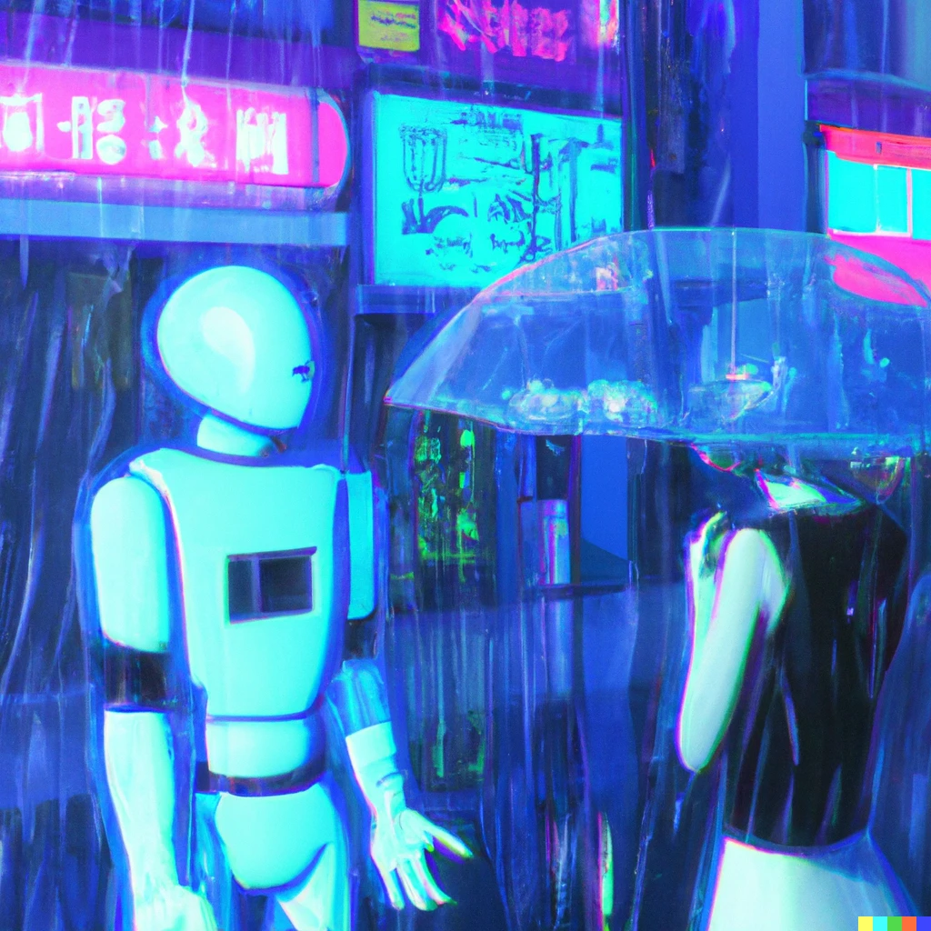 Prompt: a robot talking with a woman outside in the rain at night in tokyo in the year 2048 in vaporwave style