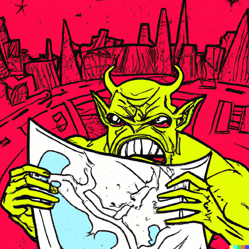 Prompt: Angry alien yelling at Map  of alien city , comic book