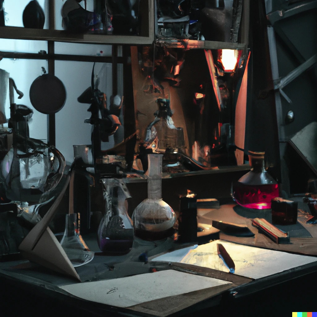 Prompt: A workshop of a alchemist. Different Glass equipments on the desk. The desk is a bit messy but equipments are clean and organized. Fantasy style 