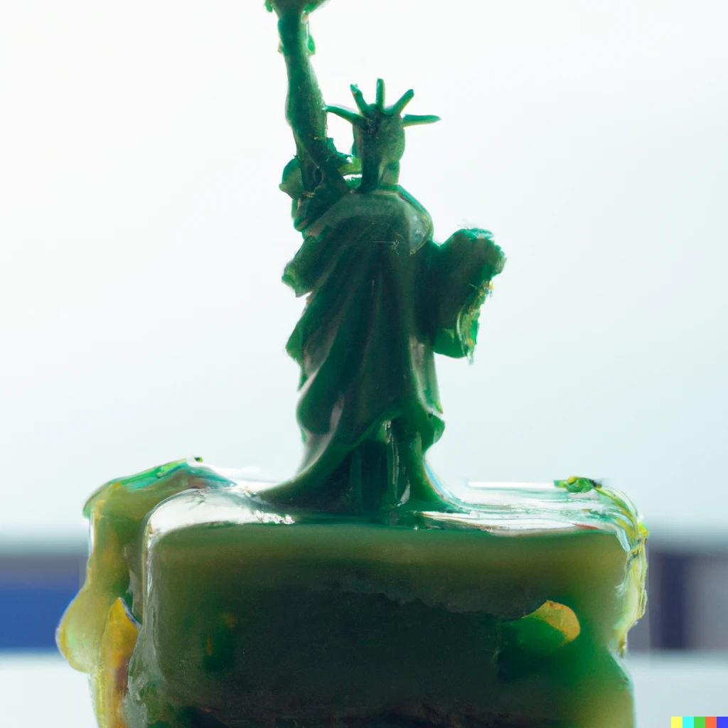 Prompt: A photorealistic photo of The Statue of Liberty made from lime Jell-O, in front of a bright blue sky.