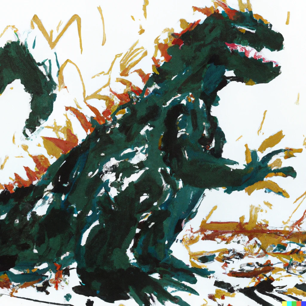 Prompt: A Jackson Pollock painting of Godzilla