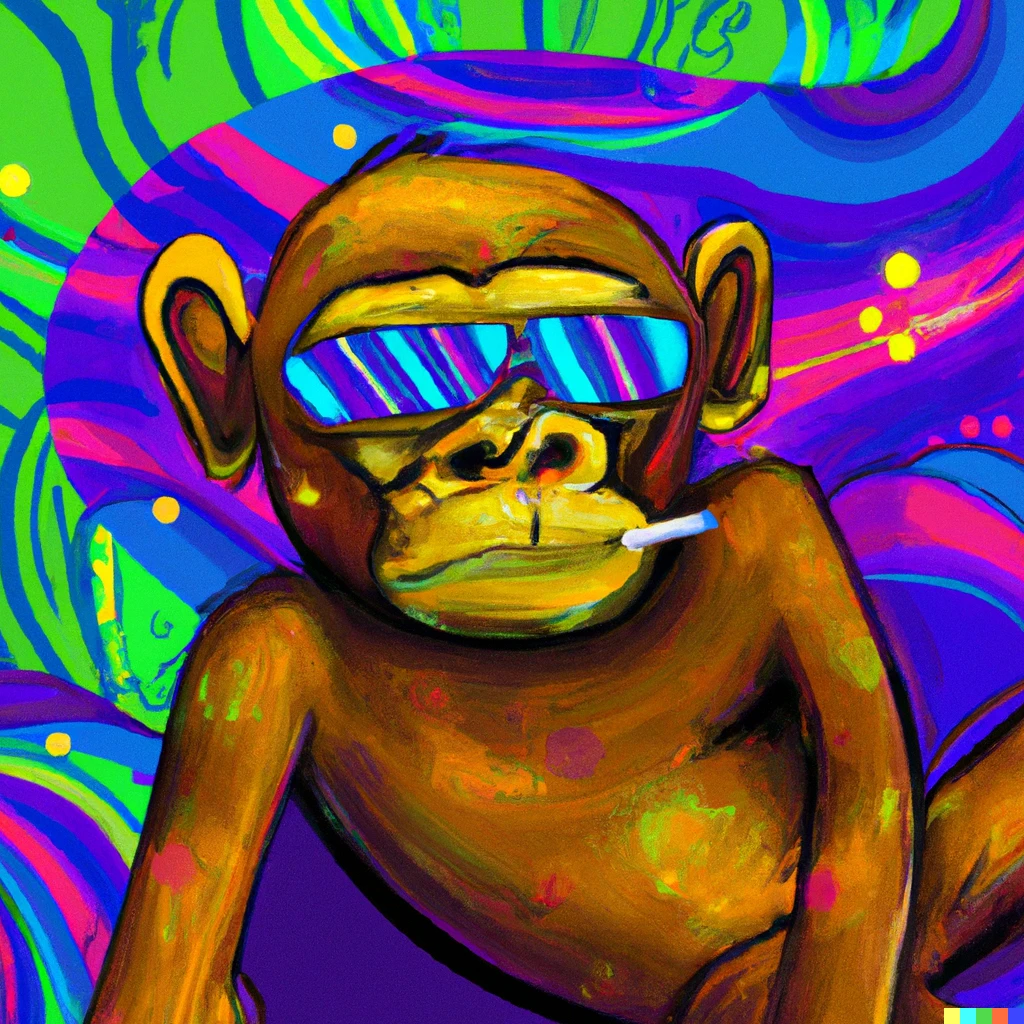 Prompt: Bored Ape NFT image. Digital drawing. The ape has gold teeth and sunglasses, and is on a psychedelic background.