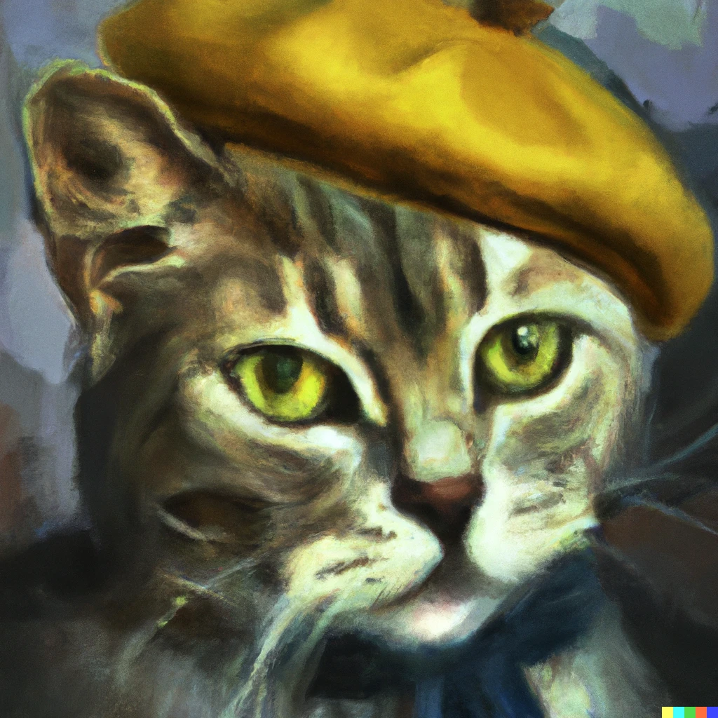 Prompt: van gogh style portrait of cat with a beret