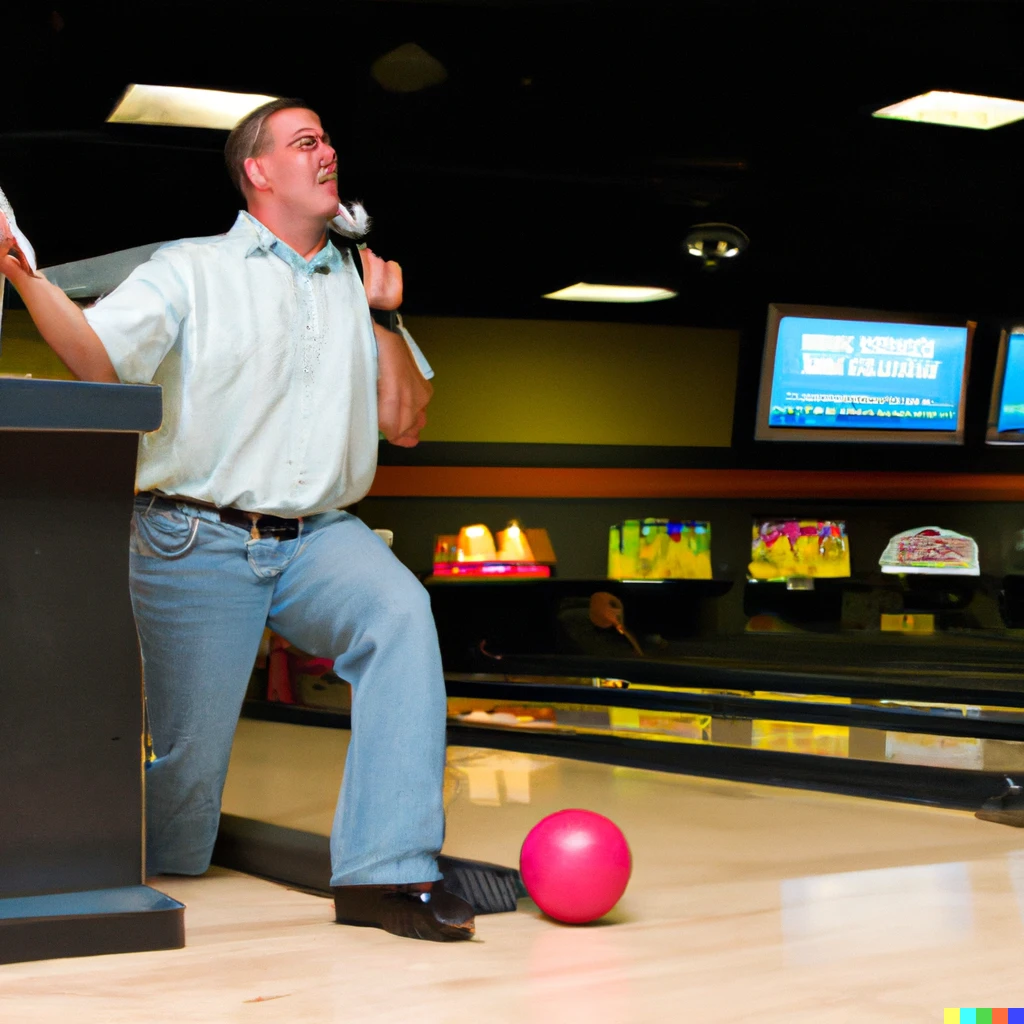 Prompt: Pastor Preaching a Sermon in the Middle of a Bowling Alley while people are Bowling