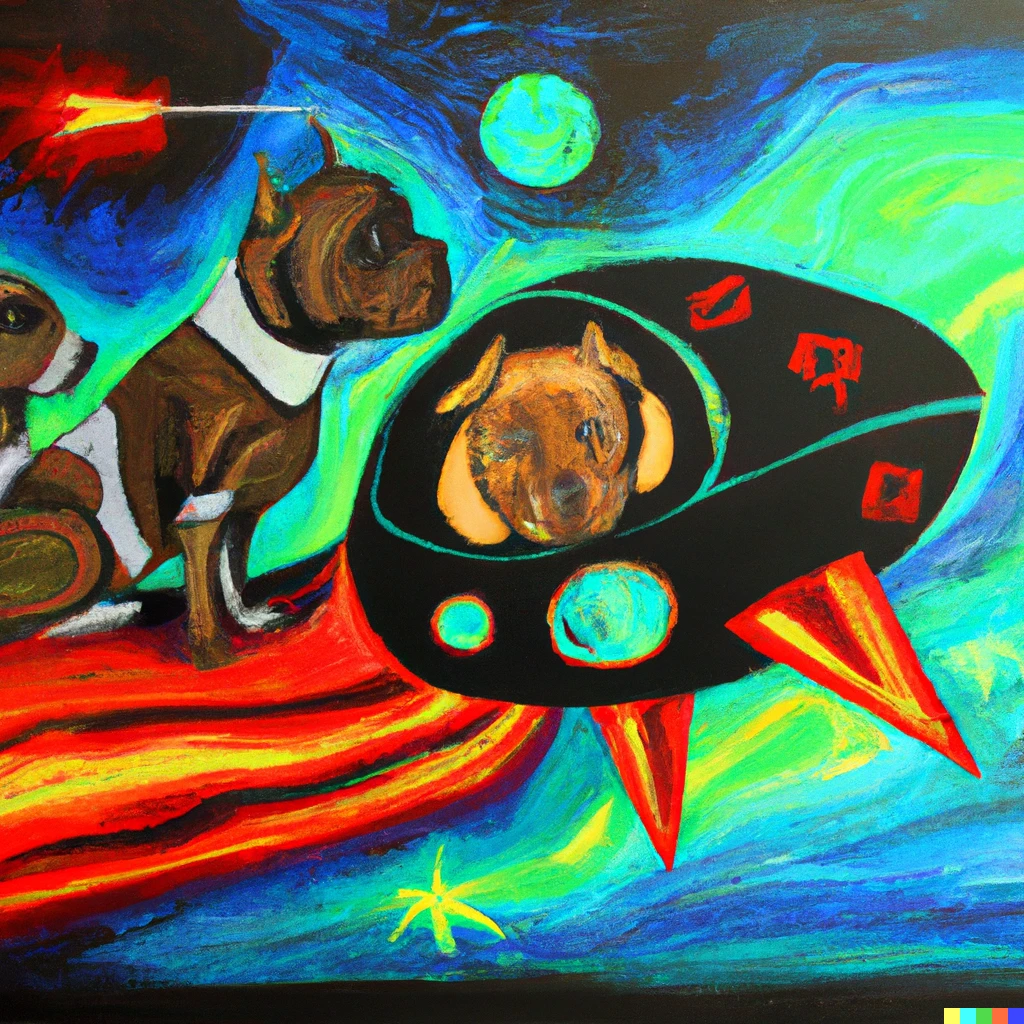 Prompt: An abstract painting of pit bulls in outer space riding a spaceship 
