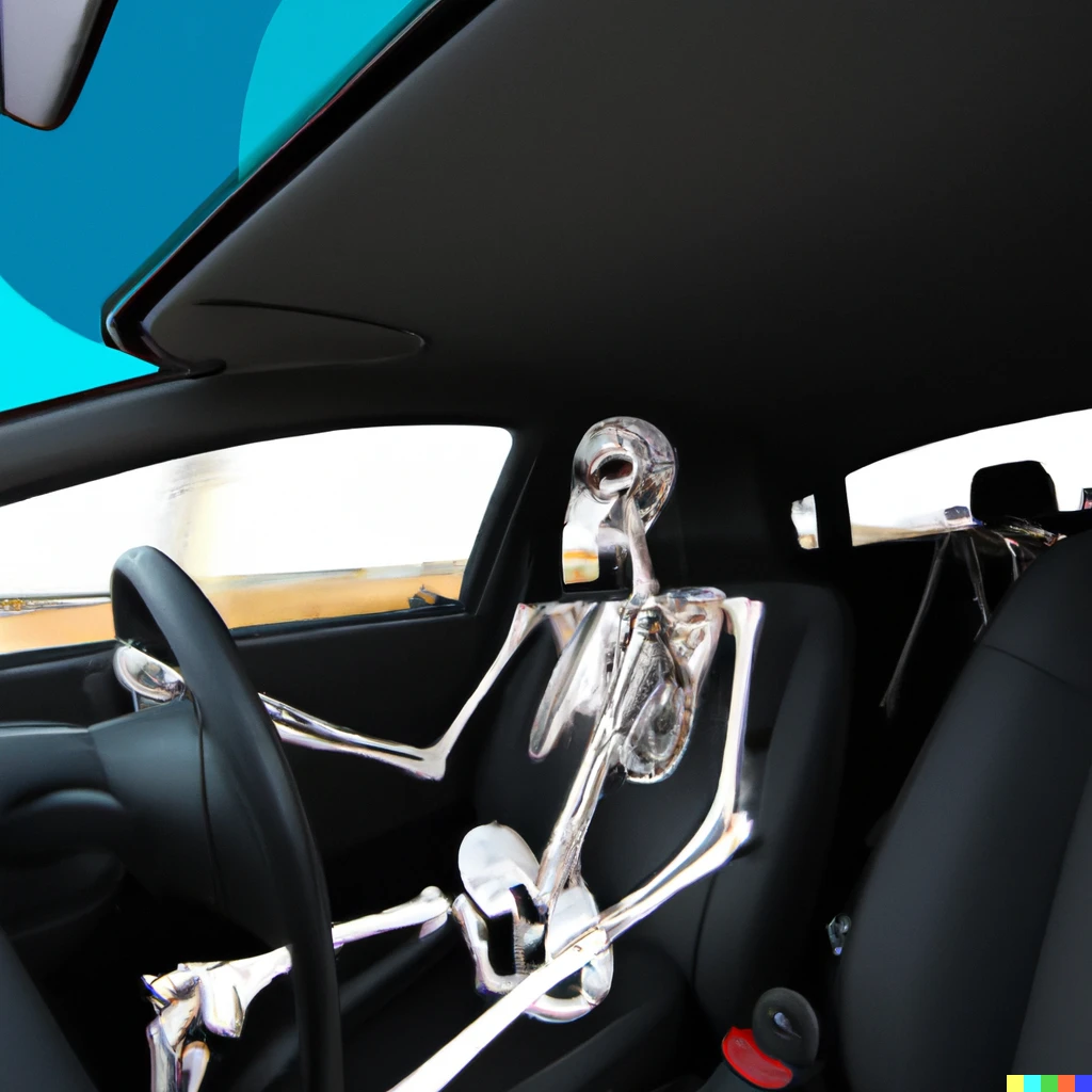 Prompt: Skeleton driving a self driving tesla in the distant future