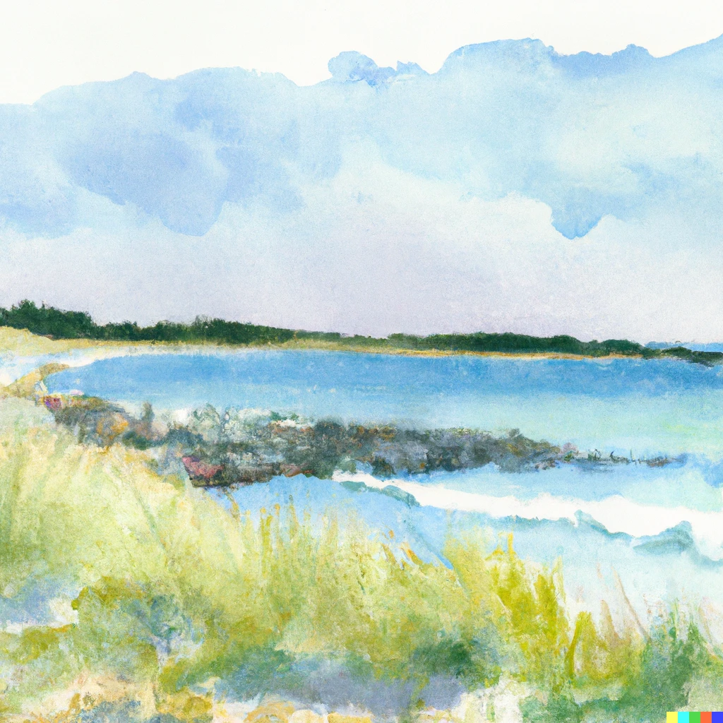 Prompt: Watercolor painting of a landscape in Sweden with a beach and the sea