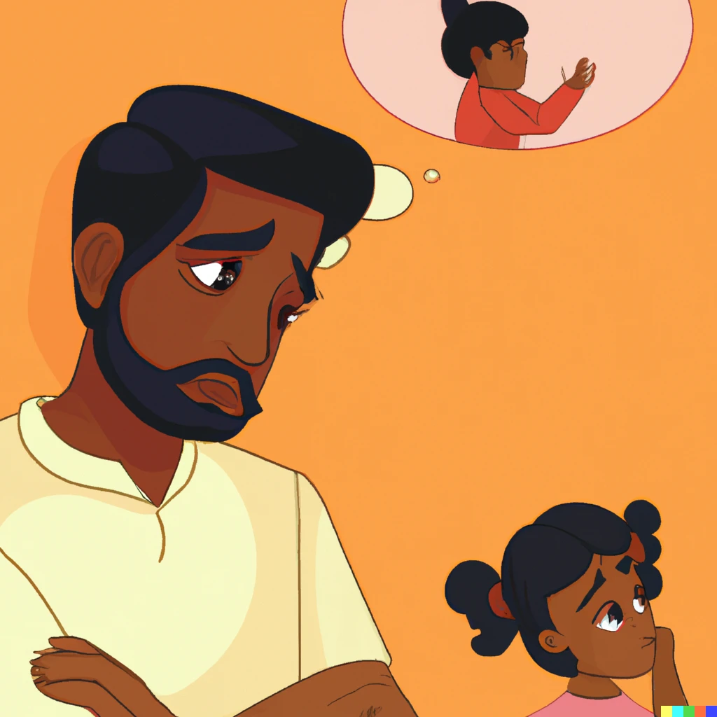 Prompt: A black man who is missing her daughter and thinking about her