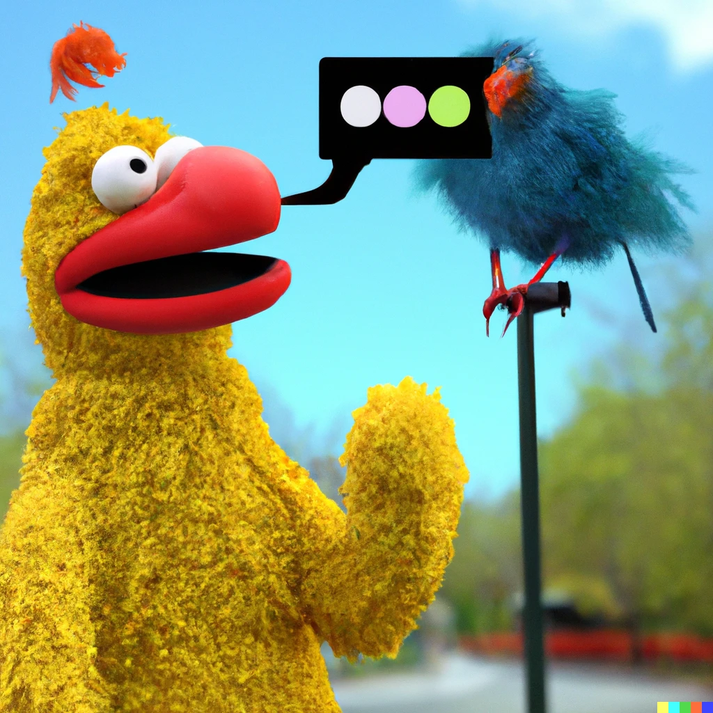 Prompt: Big Bird talking with an Artificial Intelligence in the Sesame Street