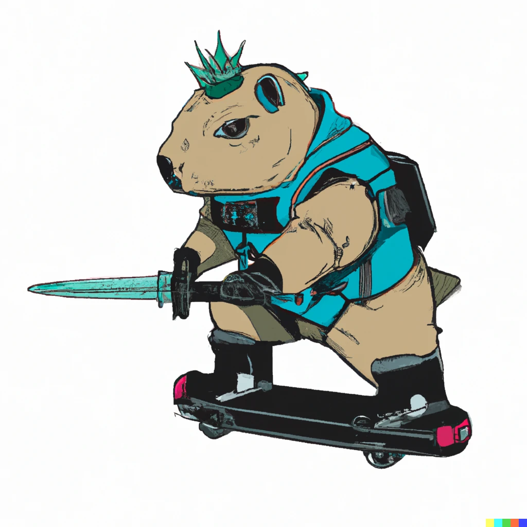 Prompt: cyberpunk capibara riding on skateboard with a sword