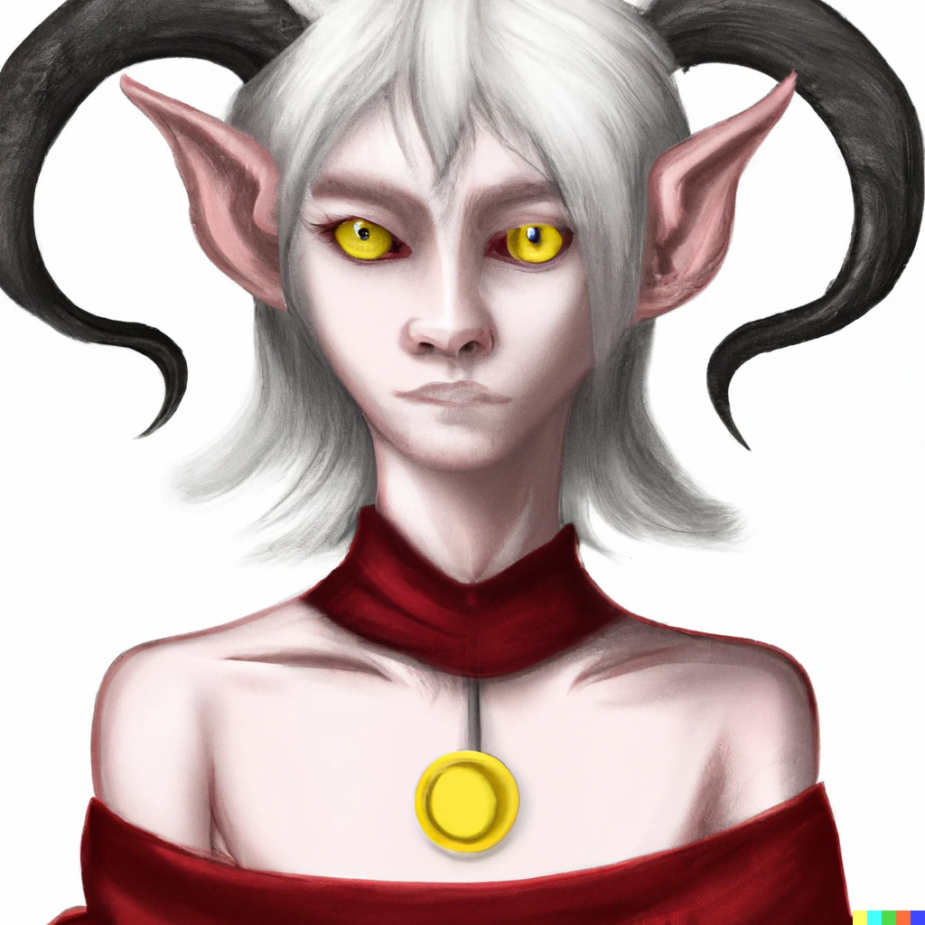 Prompt: a female white skined tiefling with white hair brown eyes and short circular horns and and a red medalion, realistic drawing