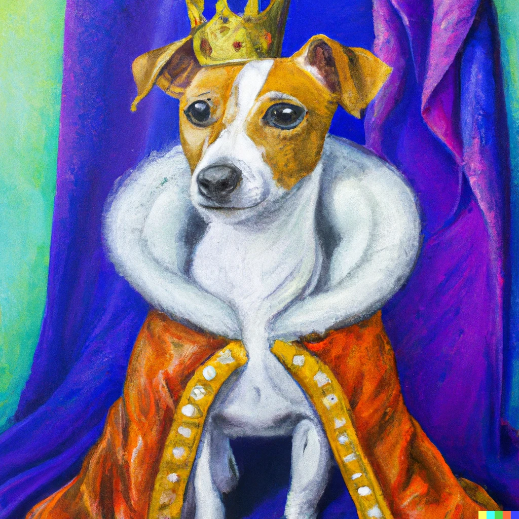 Prompt: jack rassel dog as king with a robe and crown, oil painting