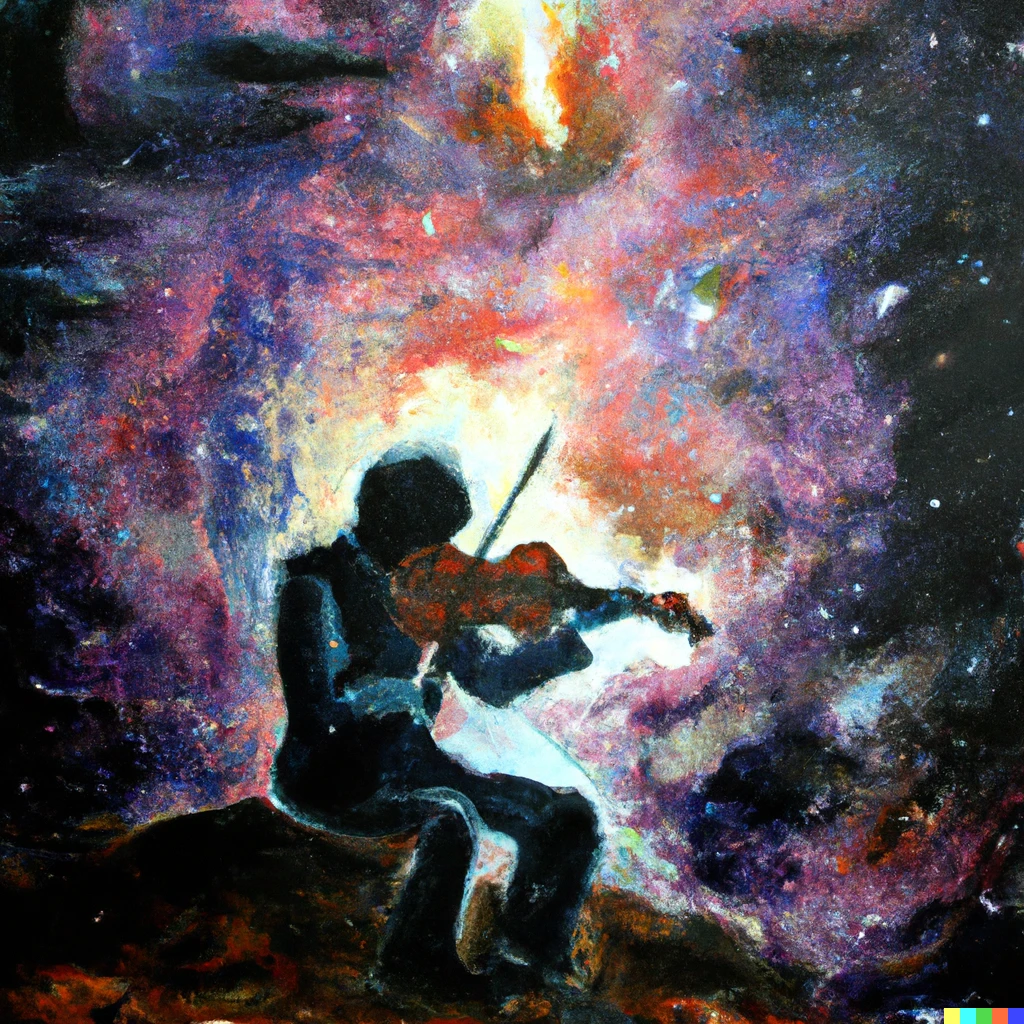 Prompt: An expressive oil painting of a man playing the violin sitting on a rock in space with an explosion of a nebula in the background