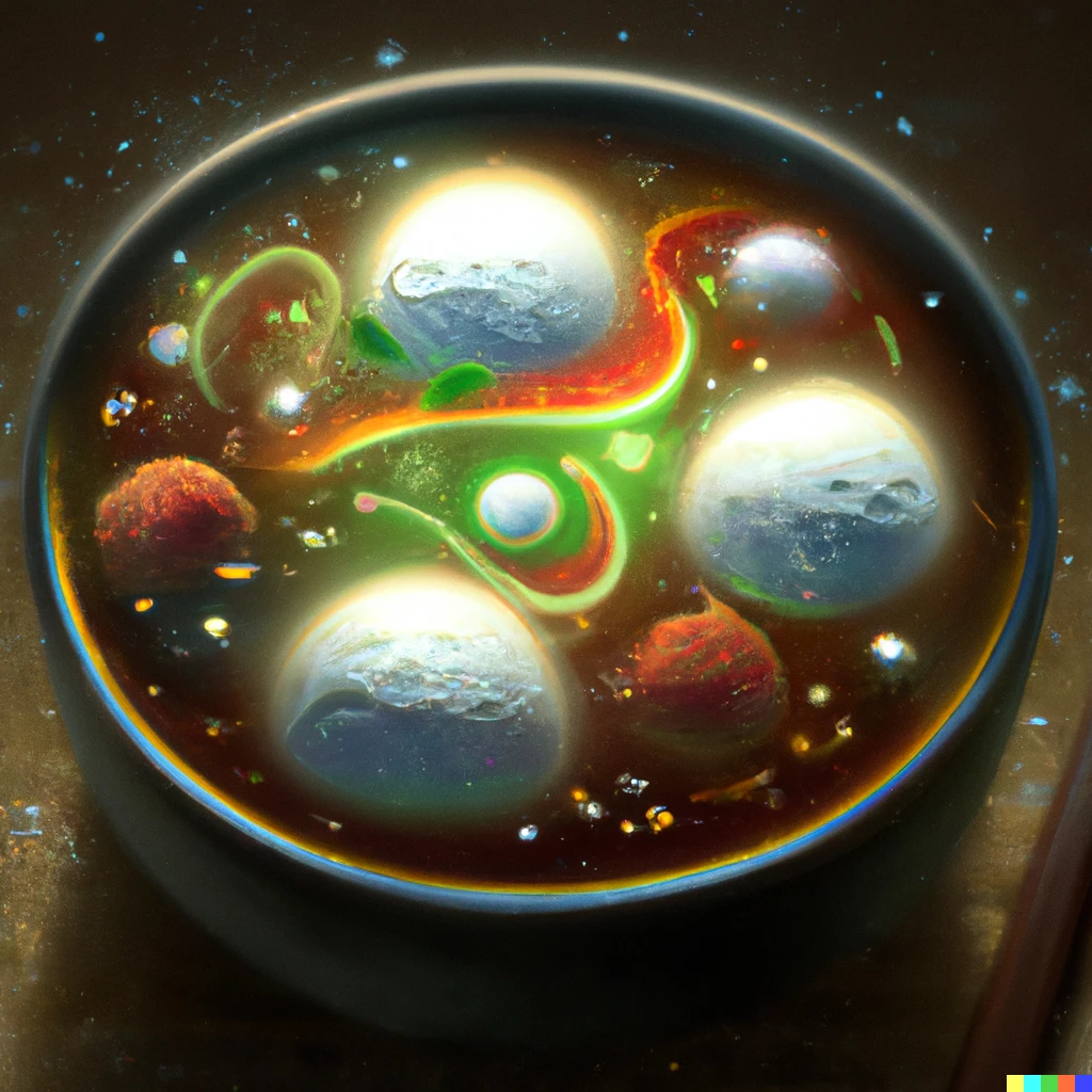 Prompt: a bowl of soup that is also a portal to another dimension, digital art