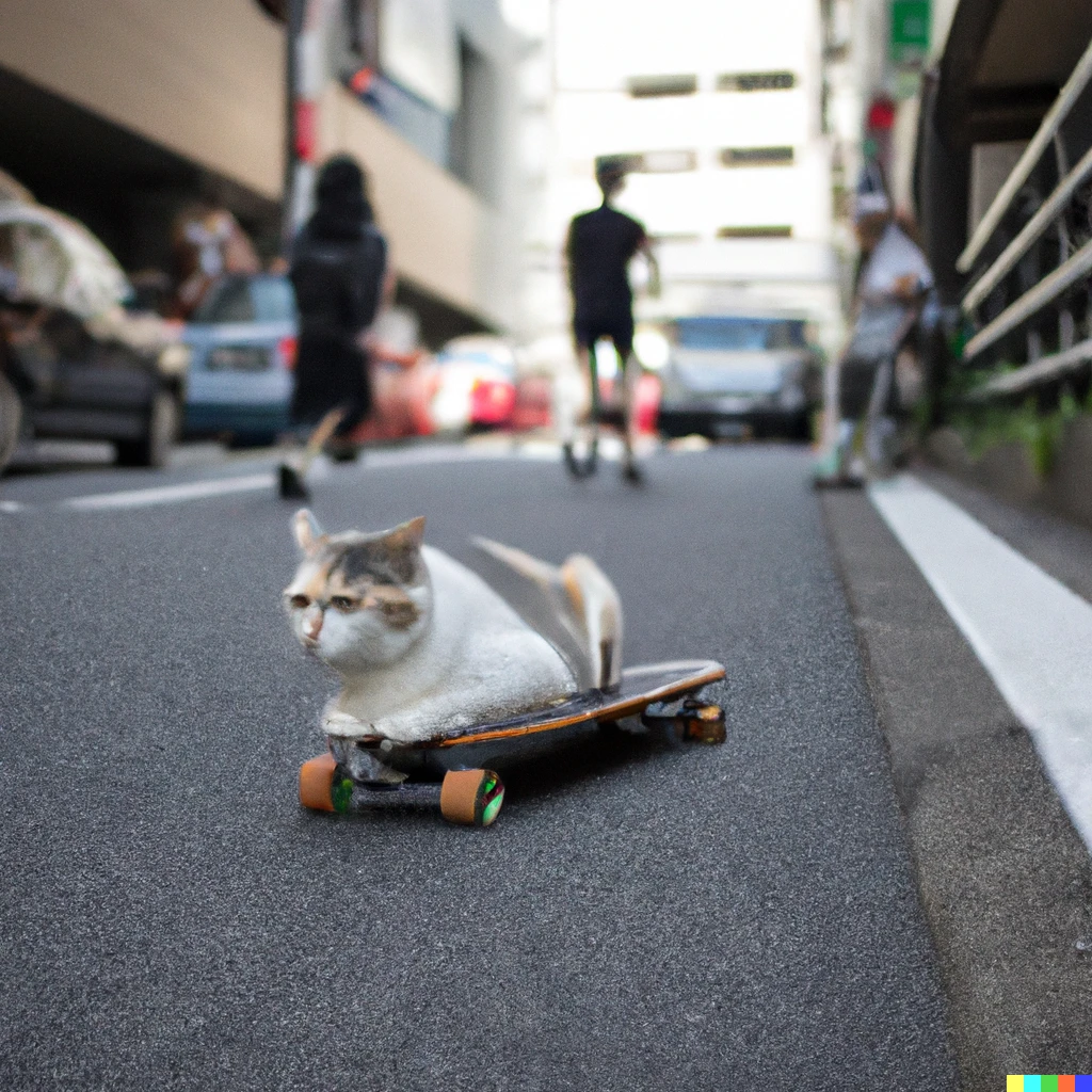 Prompt: high quality photo of skateboarding cat in Tokyo during rush hour