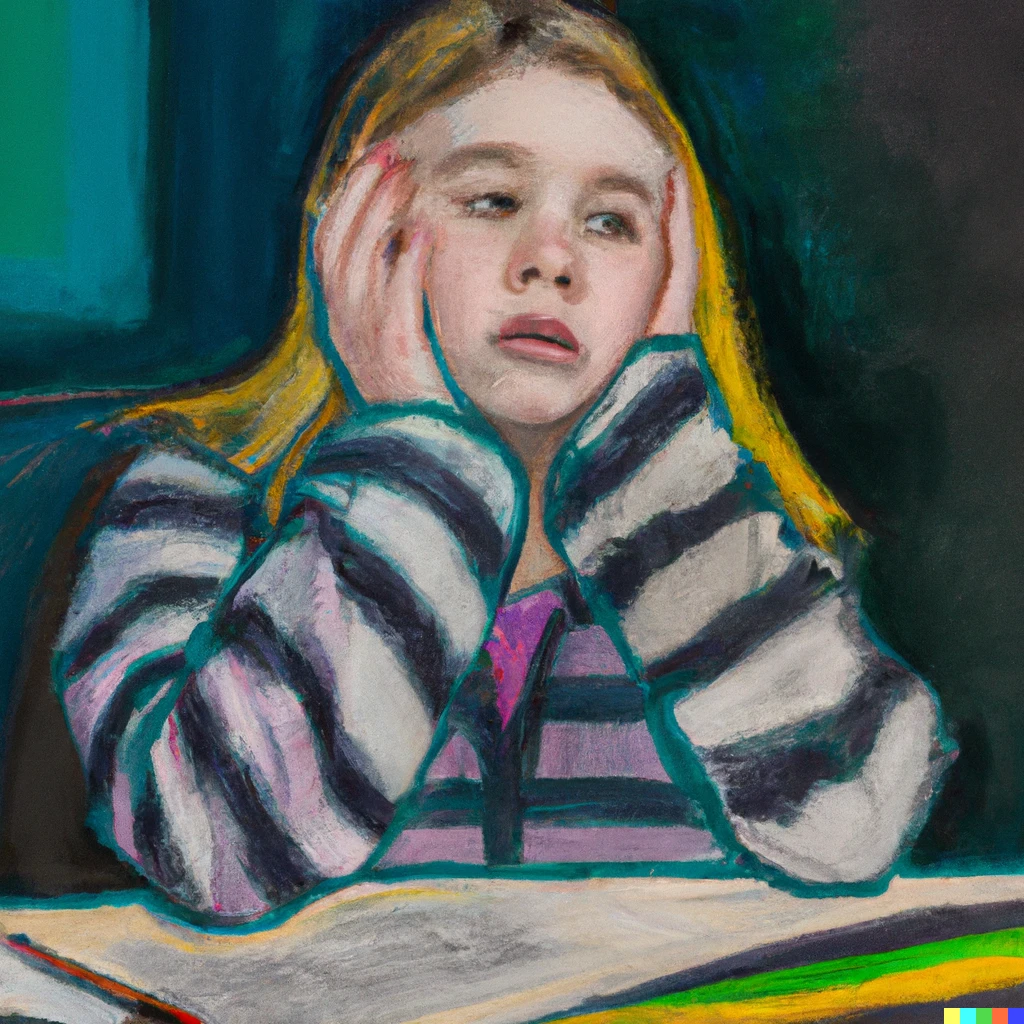 Prompt: An expressionist painting of  a teenage girl impatient with her homework 