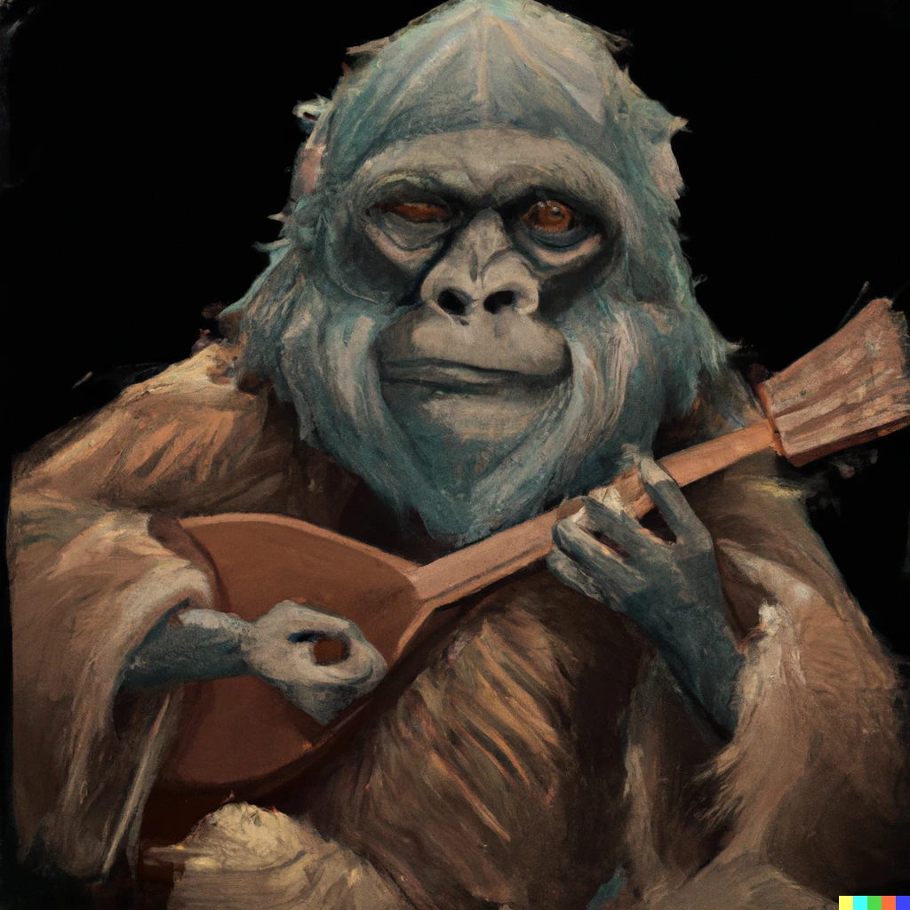 Prompt: Cornelius from Planet of the Apes playing a mandolin, digital art 