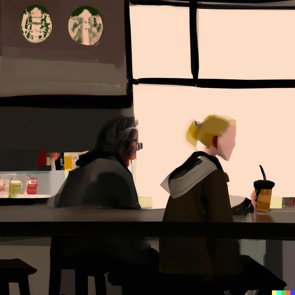 Prompt: lonely Starbucks lovers, Edward hopper style 