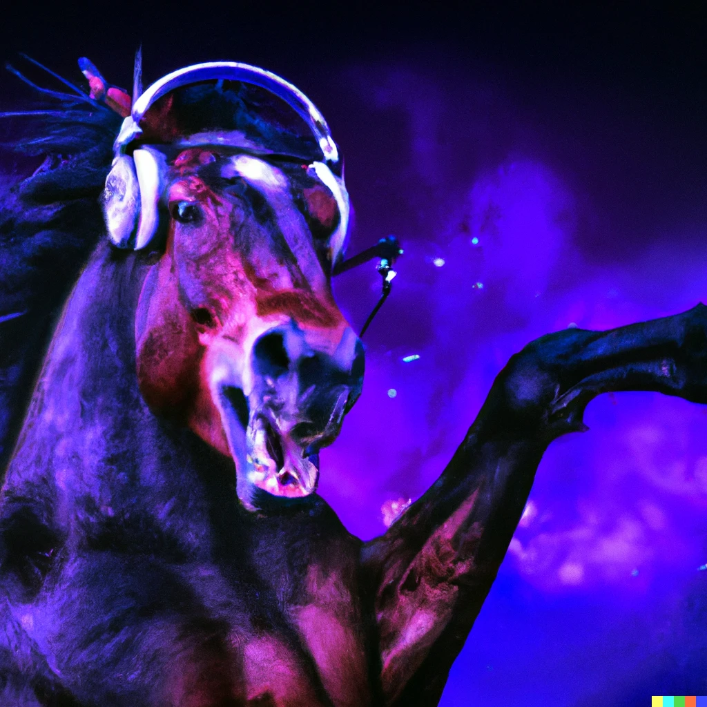 Prompt: Photo of a horse wearing headphones and dancing at a rave