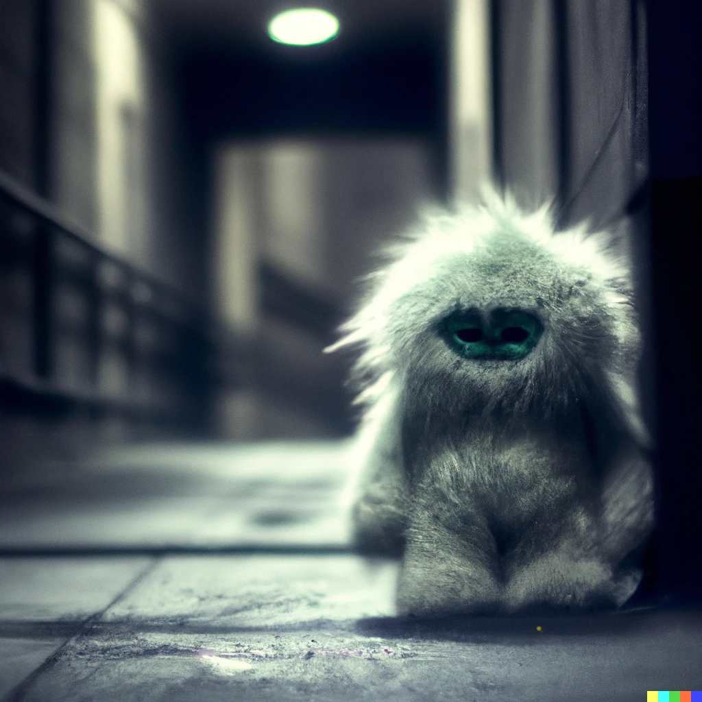 Prompt: A photo of a soft white furry monster standing in a dark alley