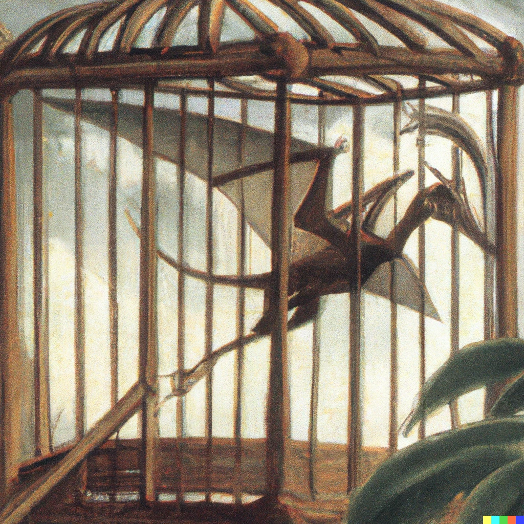 Prompt: Pterodactyl in a bird cage by Charles Birchfield