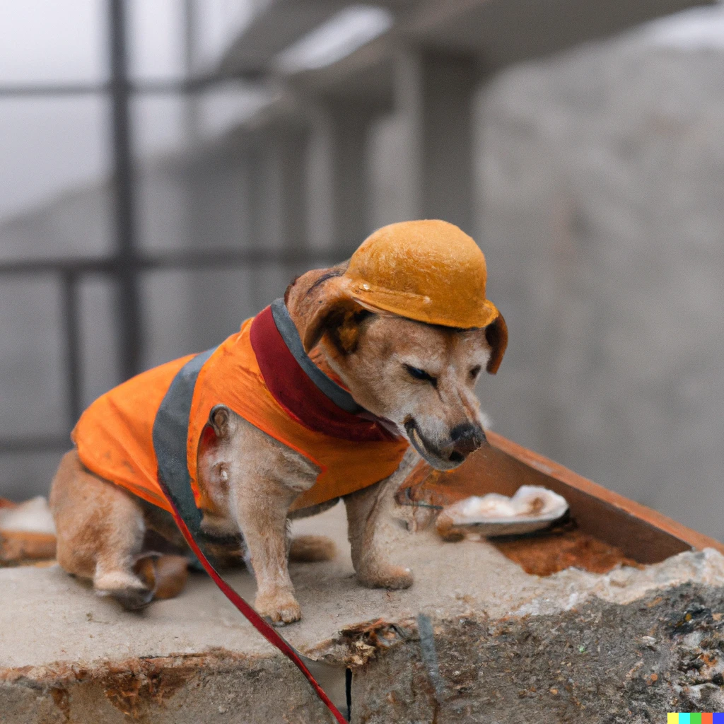 Prompt: Photo of a dog dressed as a construction worker eating lunch on the construction site on top of the building