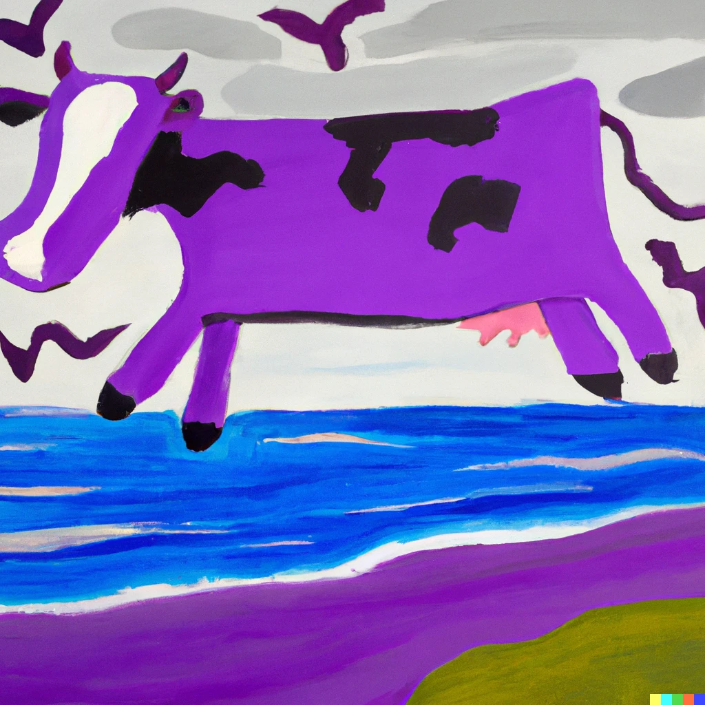 Prompt: A Picasso painting of A purple cow flying over the ocean