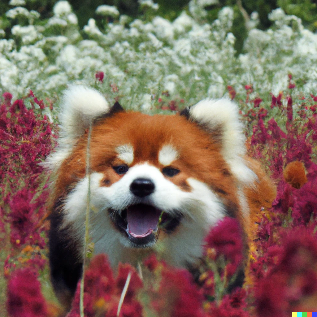 Prompt: A Samoyed colored like a red panda, in a field of flowers, saying awooooo