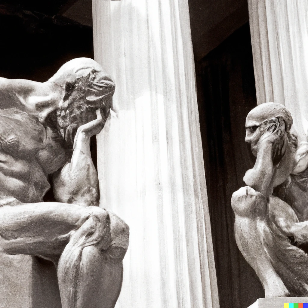 Prompt: Auguste Rodin's the thinker with Socrates in an ancient greek temple