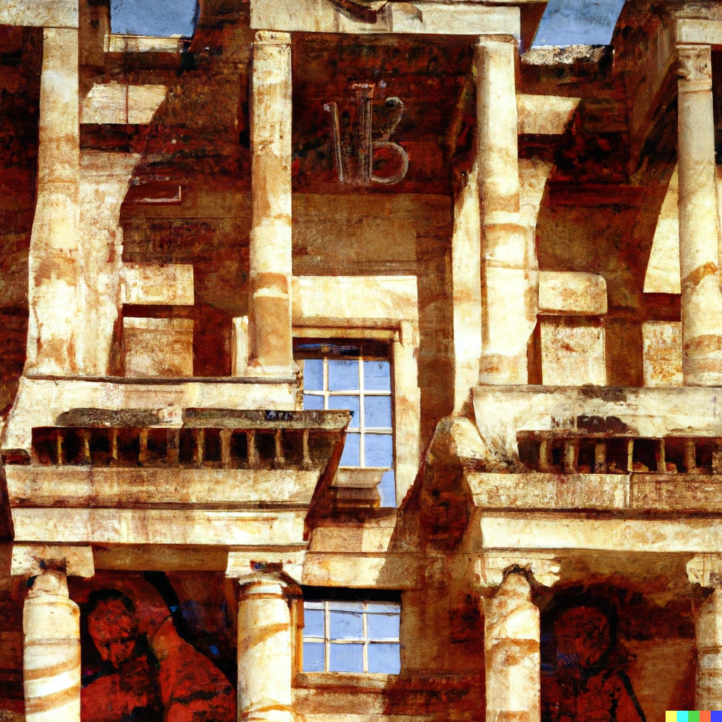 Prompt: Facade of  Library of Celsus, Ephesus, cubist painting