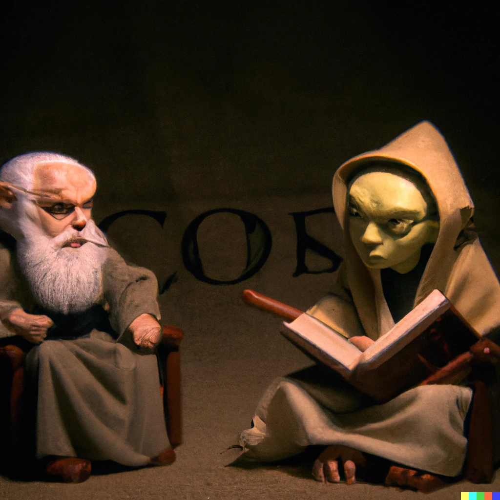 Prompt: "Socrates amd Yoda in Jedi Council"