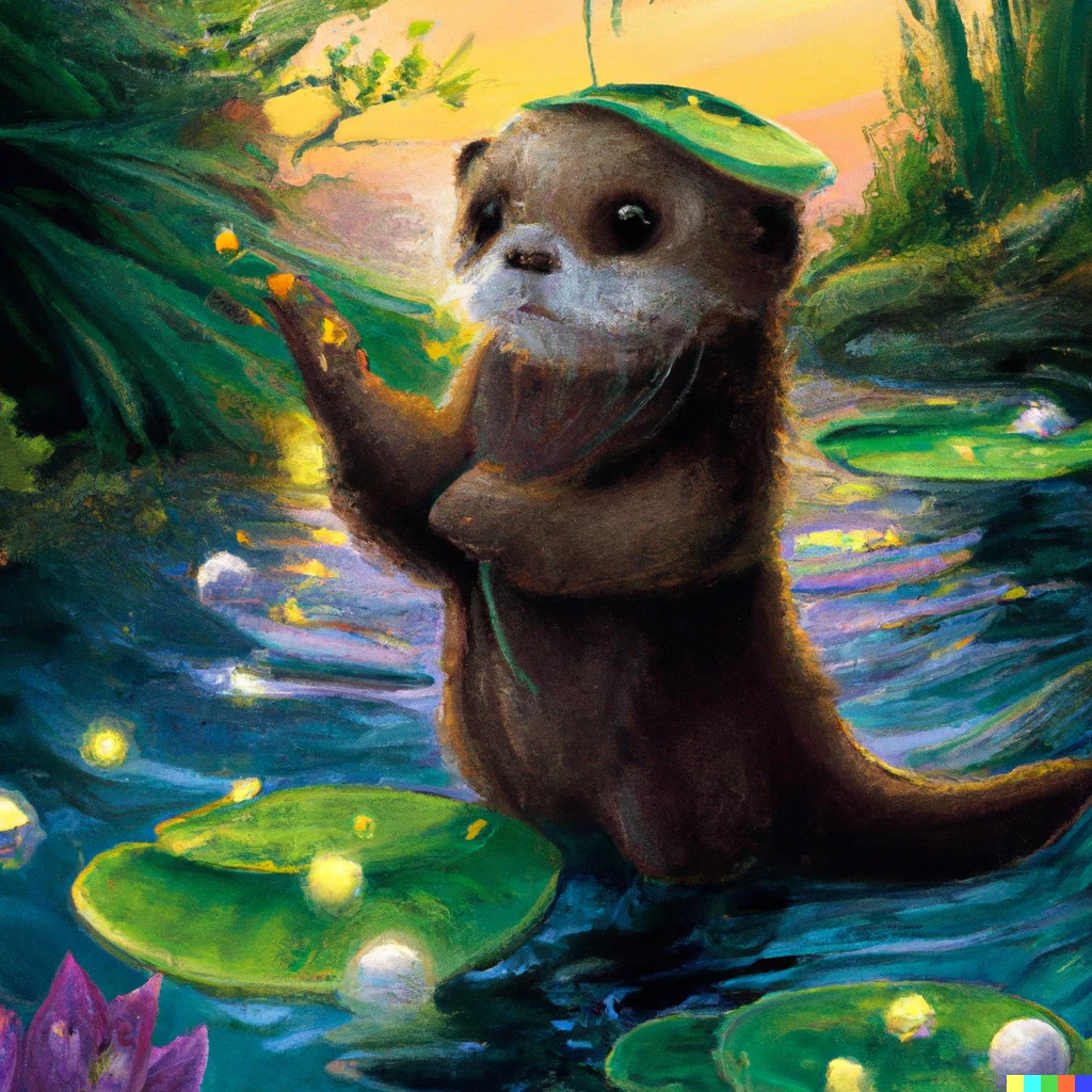 Prompt: a sea otter that Is an apprentice magician, sparkling magic, standing on a water lily plant, Digital Art