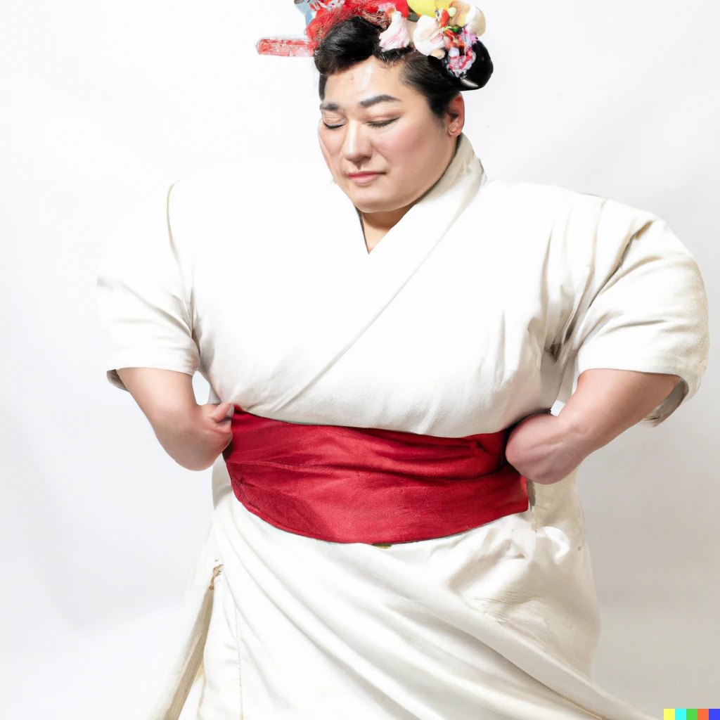 Prompt: A photograph of a sumo wrestler dressed as a bride.