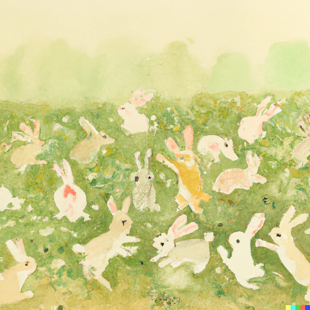 Prompt: Many rabbits are hopping in a field. Watercolor painting.