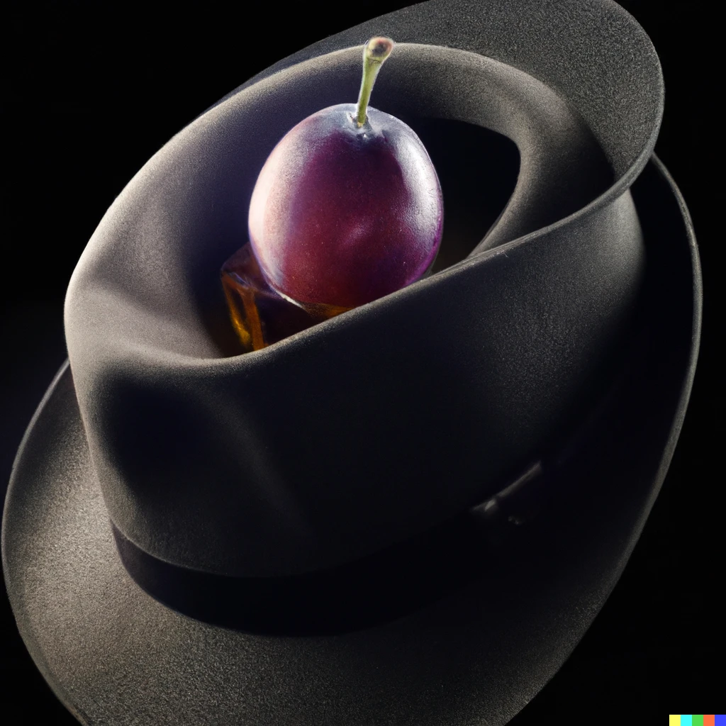 Prompt: A Single Plum, Floating in Perfume, Served in a Man's Hat, photorealistic