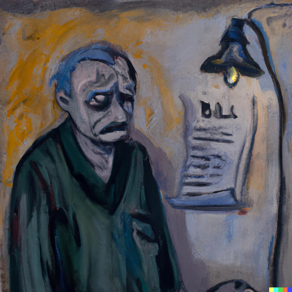 Prompt: ”The arrival of electric bill”, a hopeless human looking at the electric bill wit utter sadness, oil on canvas