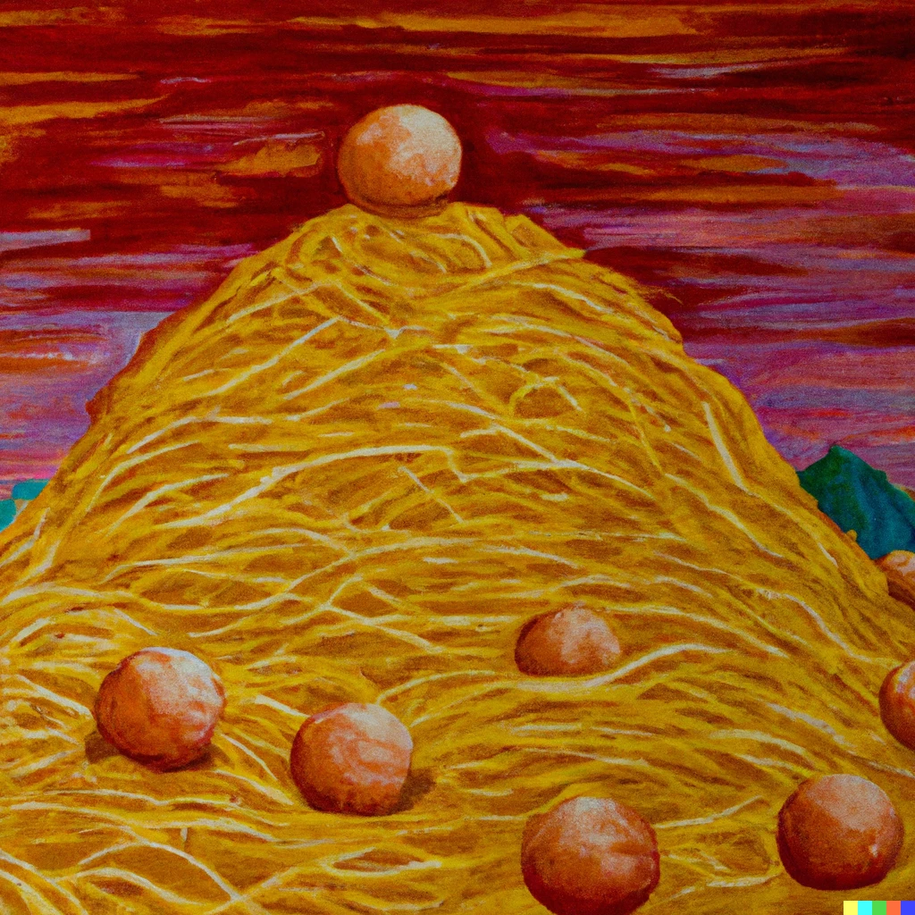 Prompt: impressionist art of a mountain made of spaghetti and meatballs