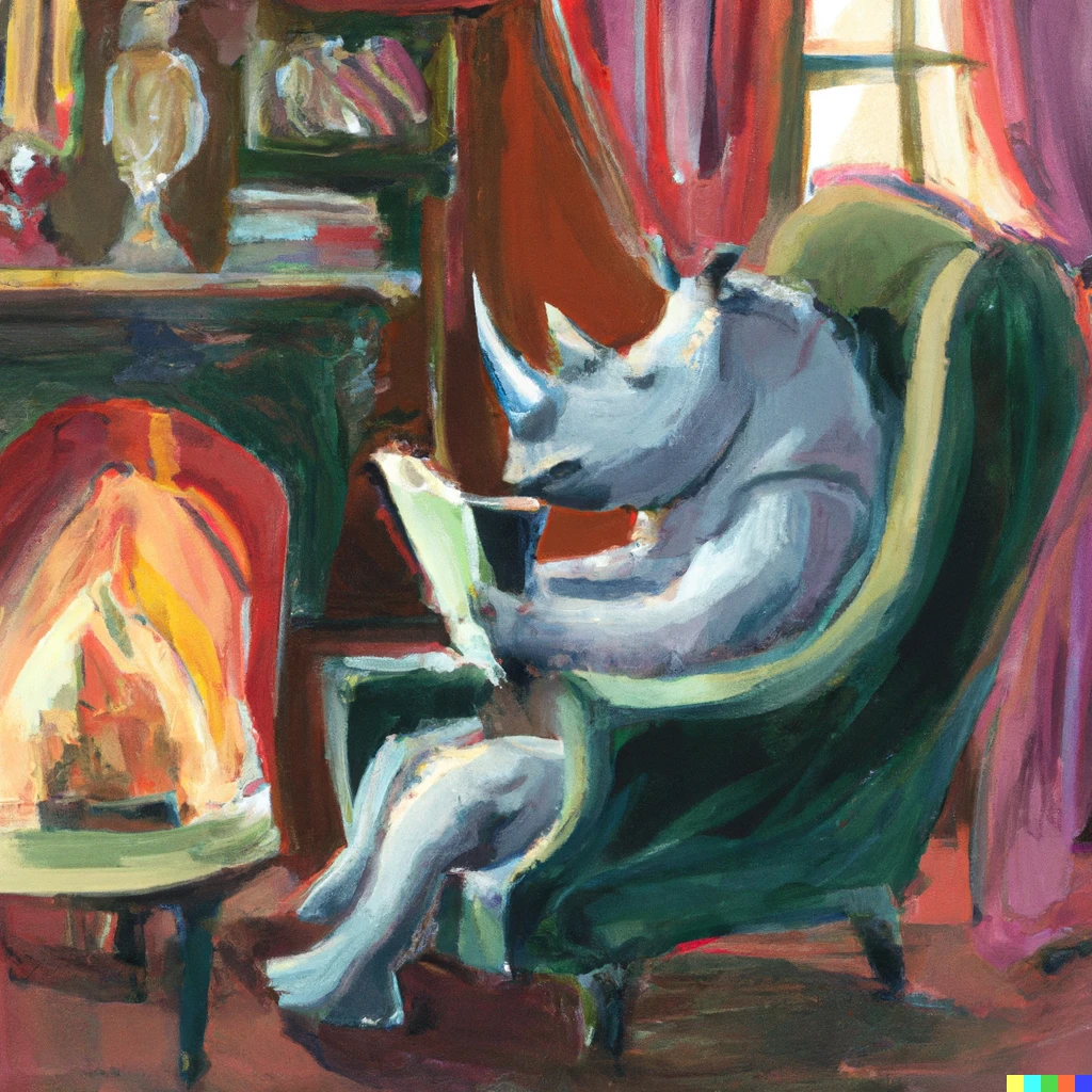 Prompt: Rhino reading a book in an armchair by the fireplace, Monet