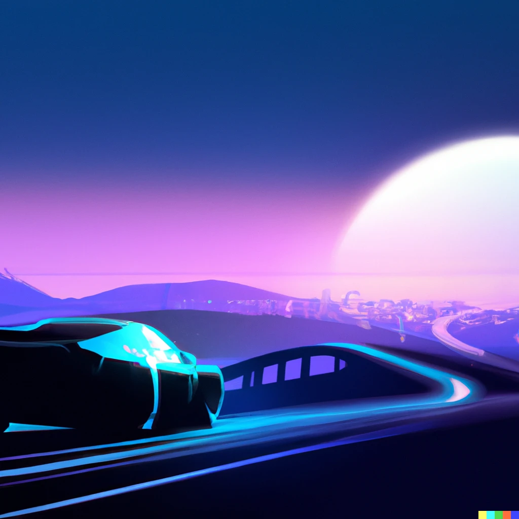 Prompt: A futuristic car driving on a curved road towards the horizon with a city in the distance at dusk and a moon in the sky in the style of synthwave