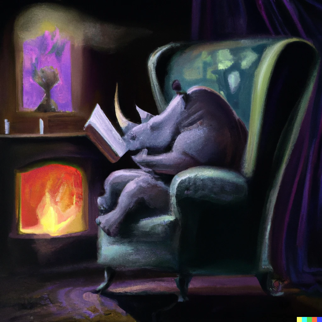 Prompt: Rhino reading a book in an armchair by the fireplace at night, Monet