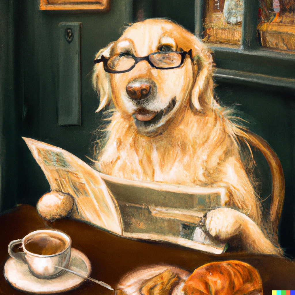 Prompt: A Golden retriever with reading glasses having coffee outside and reading a newspaper at a French cafe in the style of a velvet painting