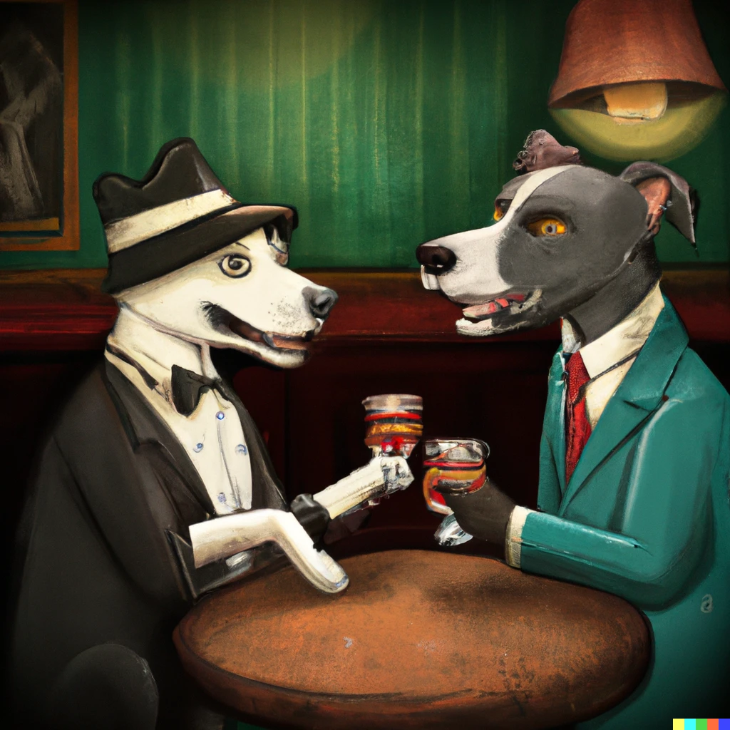 Prompt: Two mobster dogs having drinks in a speakeasy bar during prohibition 