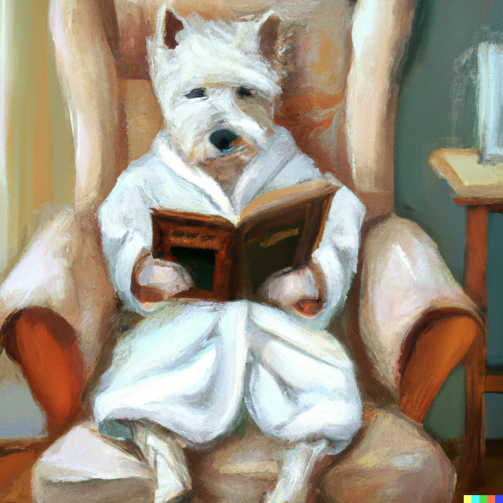 Prompt: A West highland terrier sitting in a high-backed reading chair in a bathrobe reading a book, as an oil painting