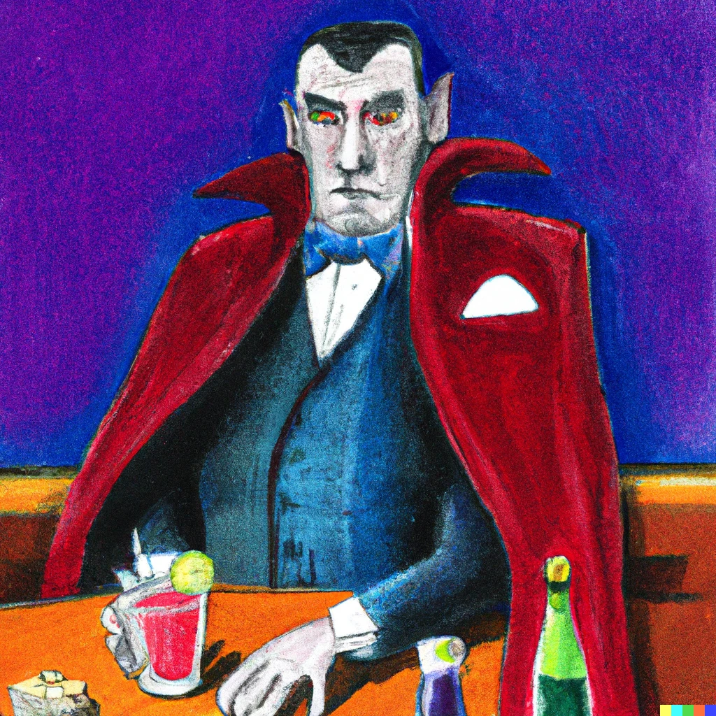 Prompt: Dracula sitting alone at a art deco bar, having a bourbon and some soup, watching a Knicks game in colored pencil