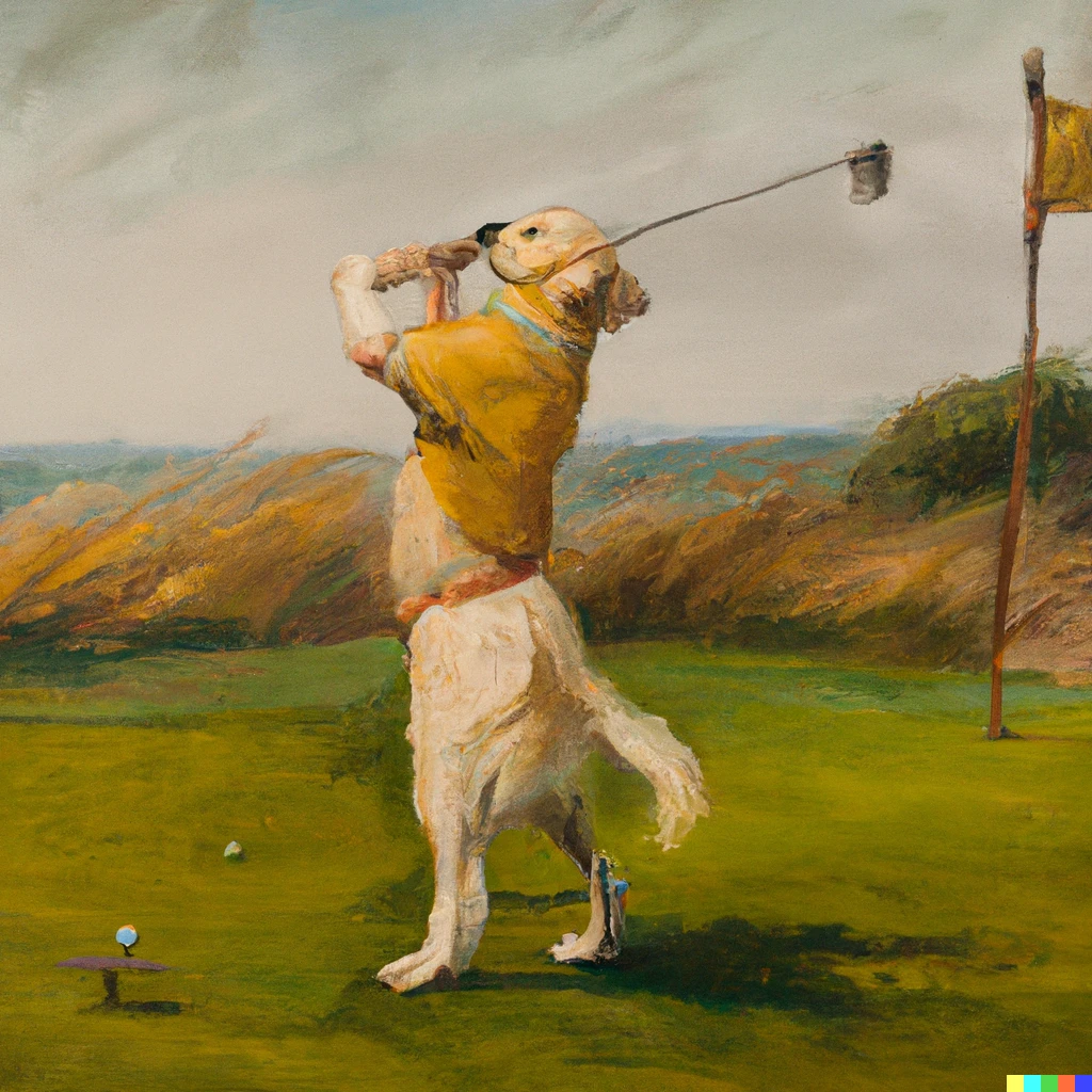 Prompt: A golden retriever playing golf at the U.S. Open in the 1920s as an oil painting, while it was very windy