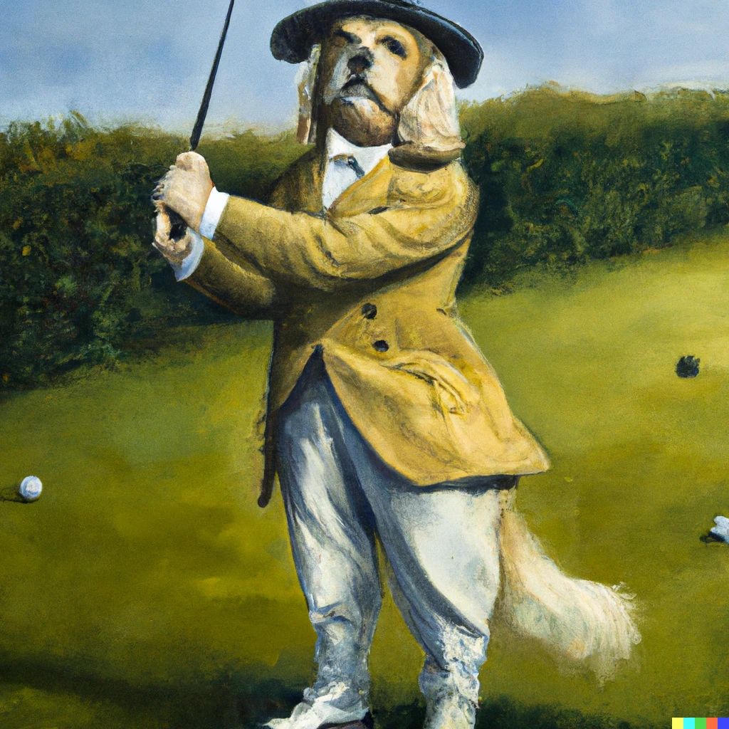 Prompt: A golden retriever dressed like Benjamin Franklin playing golf at the US, Open in the 1920s as an oil painting