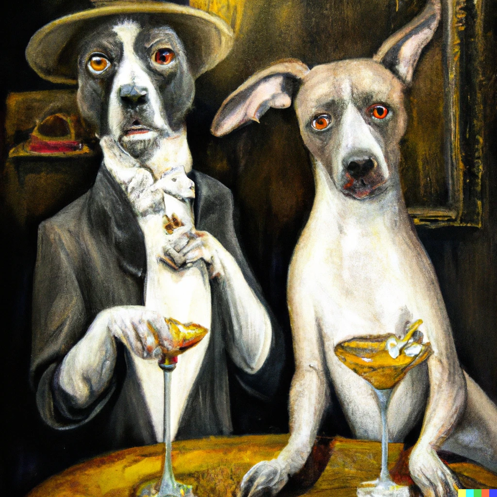 Prompt: Two dogs dressed as mobsters having martinis at a speakeasy during prohibition  as an oil portrait 