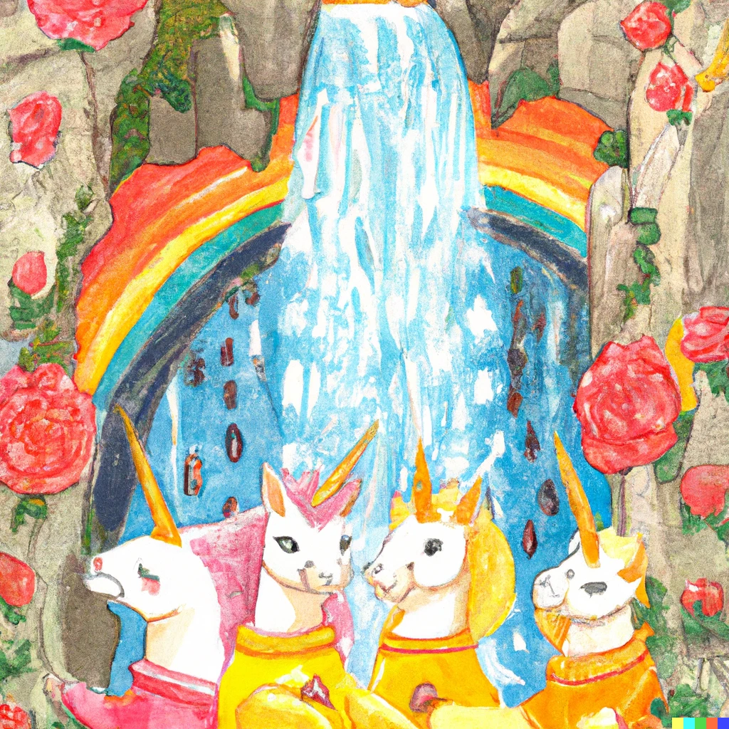 Prompt: Four unicorns with yellow sweaters smelling pretty pink roses under a grotto with a waterfall and a rainbow and swifts in watercolor art style