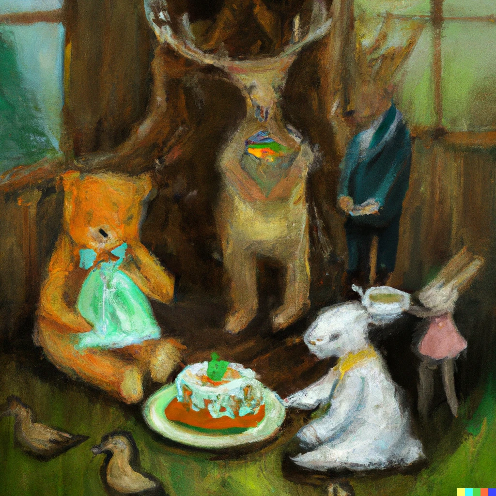 Prompt: bunnies at a tree stump table eating soup and carrot cake with a deer and a bear in a fancy house in impressionism art style