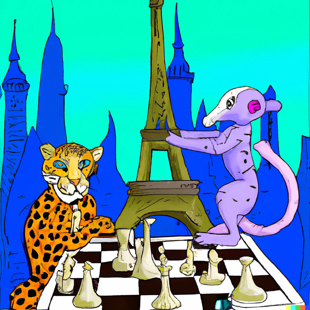 Prompt: All different types of art styles of a cheetah winning a game of chess with a purple monkey near the eiffel tower